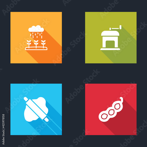 Set Plant sprouts grow in the rain, Manual coffee grinder, Rolling pin on dough and Green peas icon. Vector