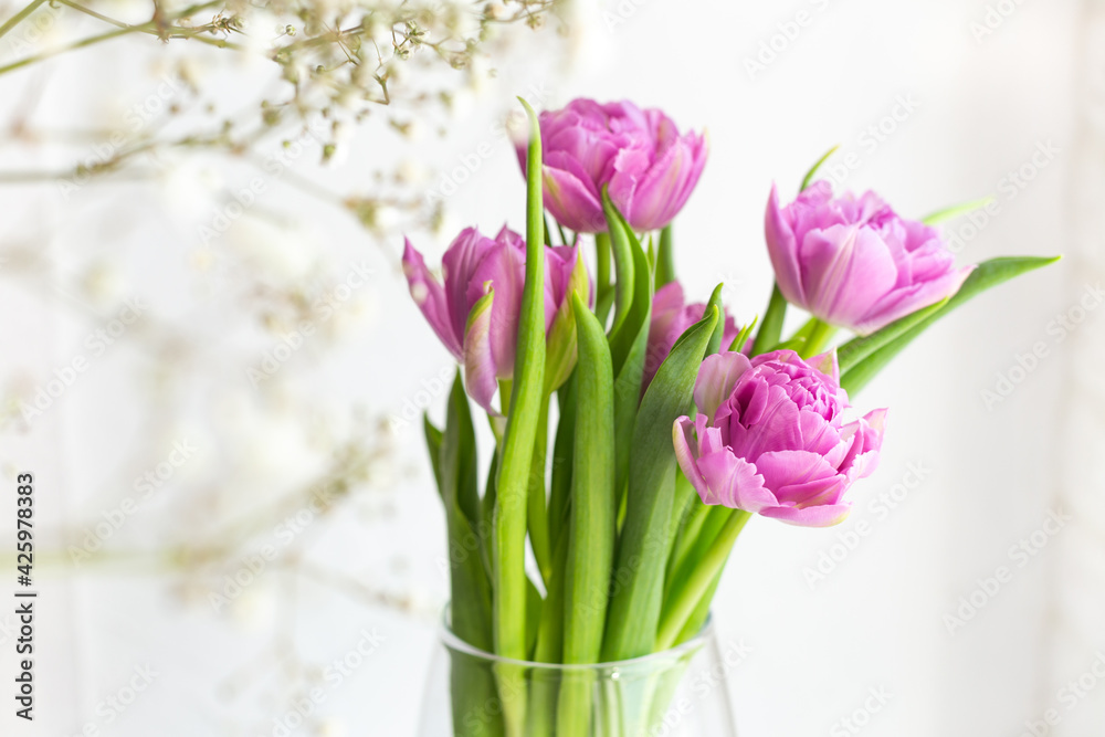A beautiful bouquet of pink tulips and gypsophila in a vase by the window. Greeting card for mother's day, March 8 or wedding. Floristics, flower shop. The freshness of a spring morning. Copy space. A beautiful bouquet of pink tulips and gypsophila in a vase by the window. Greeting card for mother's day, March 8 or wedding. Floristics, flower shop. The freshness of a spring morning. Copy space.