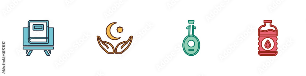 Set Holy book of Koran, Star and crescent, Lute and Bottle water icon. Vector