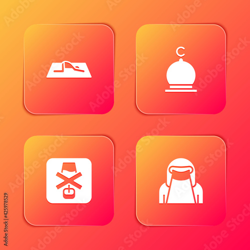 Set Muslim man prays, Mosque, No alcohol and woman in niqab icon. Vector
