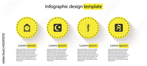Set Clock, Star and crescent, Arabian saber and Speaker mute. Business infographic template. Vector