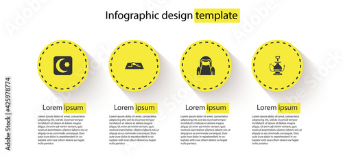 Set Star and crescent, Muslim man prays, woman in niqab and Hookah. Business infographic template. Vector