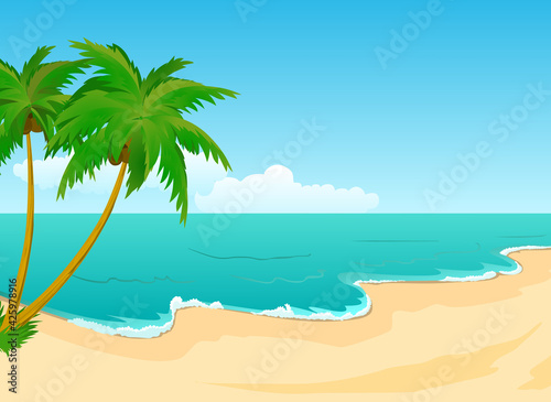 Summer beach with palm trees and bright blue sky