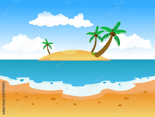 Summer sandy beach with palm trees and bright blue sky
