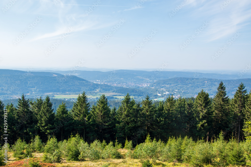 Aussicht vom Großen Beerberg bei der Wanderung auf dem Fernwanderweg Rennsteig von Oberhof nach Neustadtim Thüringer Wald.