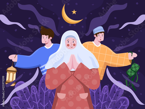 Illustration islamic people greeting happy eid al mubarak or eid al fitr with muslim woman and man. Cute cartoon illustration of ramadan eid al fitr mubarak. suitable for invitation, greeting card,etc