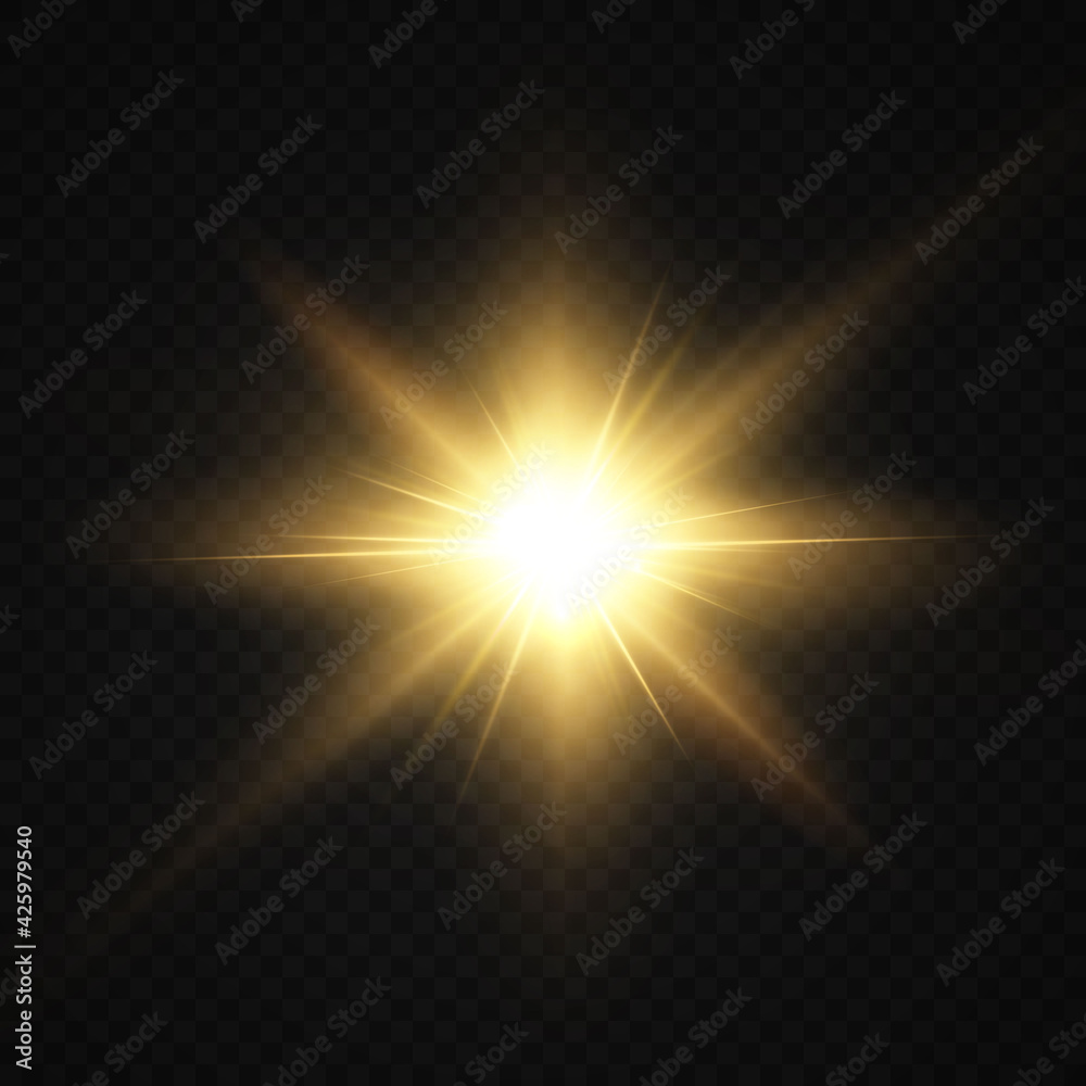 The sun is shining bright light rays with realistic glare. Light star on a transparent black background.	
