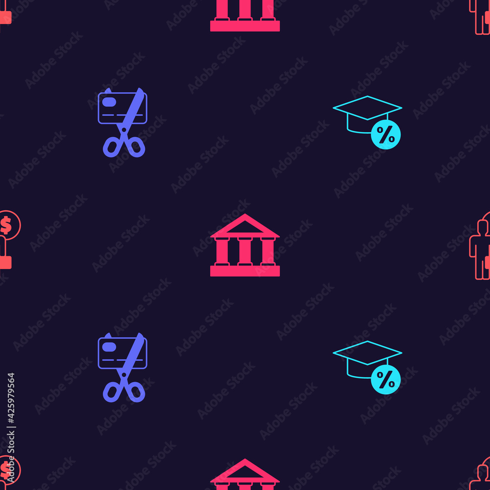 Set Graduation cap and coin, Scissors cutting credit card, Bank building and Business man planning mind on seamless pattern. Vector Set Graduation cap and coin, Scissors cutting credit card, Bank building and Business man planning mind on seamless pattern. Vector
