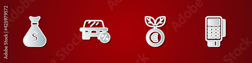 Set Money bag, Car leasing percent, Euro plant and POS terminal with credit card icon. Vector
