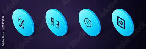 Set Isometric Safe, Gold bars, Stacks paper money cash and Scissors cutting credit card icon. Vector