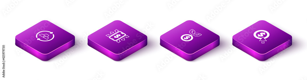 Set Isometric Gold bars, Smartphone with dollar, Dollar plant and Coin money icon. Vector Set Isometric Gold bars, Smartphone with dollar, Dollar plant and Coin money icon. Vector