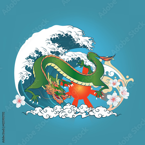 Abstract Art Flying Green Gradient Dragon with Sun with Radiant, Sakura Flower, Curvy Clouds and Torrential Wave with Water Splash Icon on Gradient Background Vector Design Template for Wrapping Paper