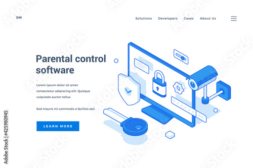 Vector template of web homepage with blue elements of surveillance and computer representing service for parental control software on white background. Isometric web banner, landing page template