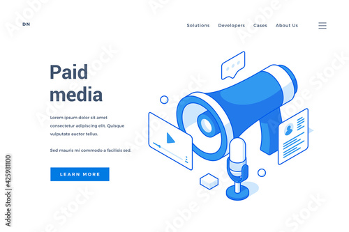 Modern website homepage with blue elements of megaphone and social media resources for paid media information presentation. Isometric web banner, landing page template