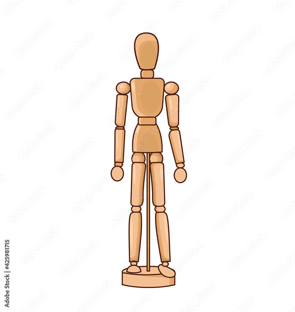 A puppet, a wooden puppet on hinges. A mock-up of a human figure. Poses. Design element, isolated object, layout print.