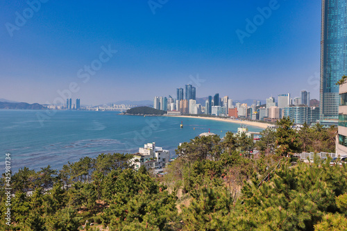 Scenery of dalmaji hill observatory and haeundae beach, Busan, South Korea, Asia © Busan Drone