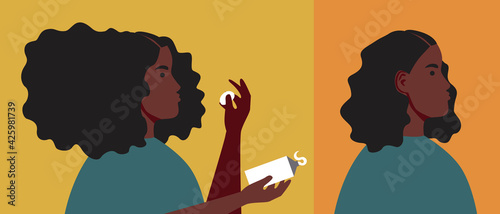 Afro woman, hair cream, flat vector stock illustration with styling afro hairstyle with balm, cream, gel for unruly hair