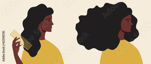 Combing afro curls isolated, flat vector illustration with Woman with comb combing her hair as Afro hair care concept