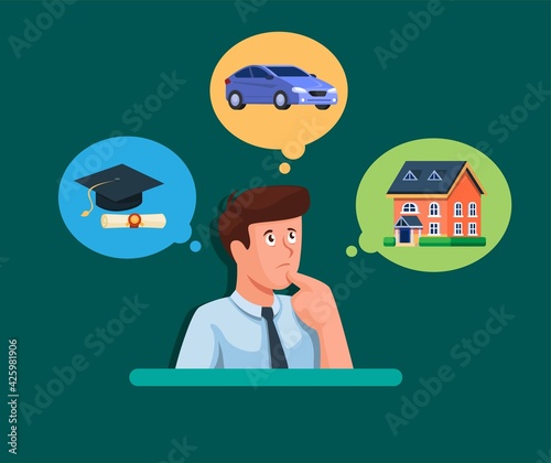 Man confusing to choose house, car or academic in financial planning management symbol in cartoon illustration vector