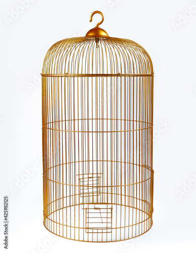 Fototapet Gold metal birdcage, decorative tall birdcage on white isolated background