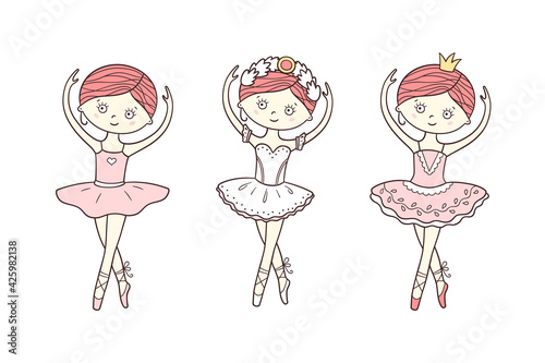 Little cute ballerina in pointe shoes and dress. Isolated set vector illustrations in doodle style on white background