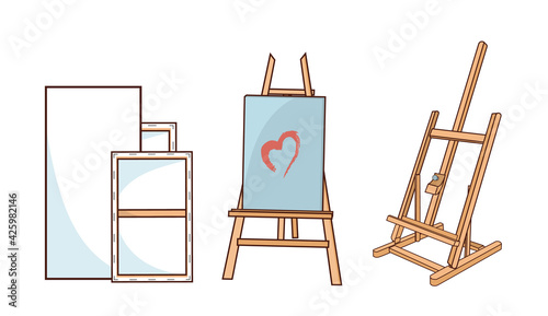 Art materials, easel and canvas for drawing. Drawing on canvas with paints. Isolated objects, design elements, print, vector illustration.