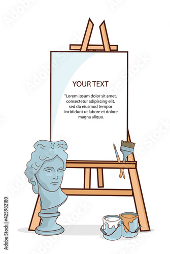Art materials, easel and canvas for drawing. Plaster head of David. Drawing on canvas with paints. Isolated objects, design elements, print, vector illustration.Background.