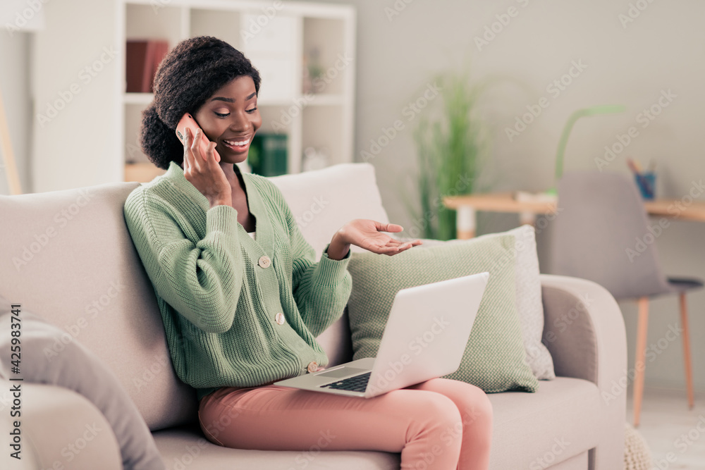Fototapeta premium Portrait of attractive cheerful girl assistant sitting on divan using laptop calling client contact support at house flat indoor living-room