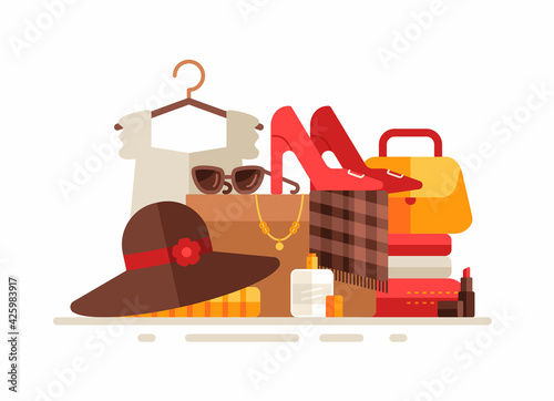 Group of clothing and female accessories. Flat vector illustration. Shoes, dress, hat, sunglasses, costume jewelry, perfumery, makeup isolated on white. Fits for clothing store advertising banner