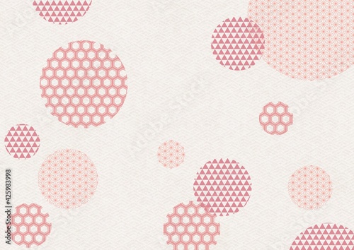 和柄のピンクの円と菱青海波模様の背景イラスト