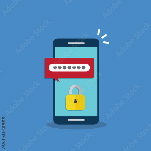 Unlocked notification button and password field on a mobile phone. Smartphone security concept.