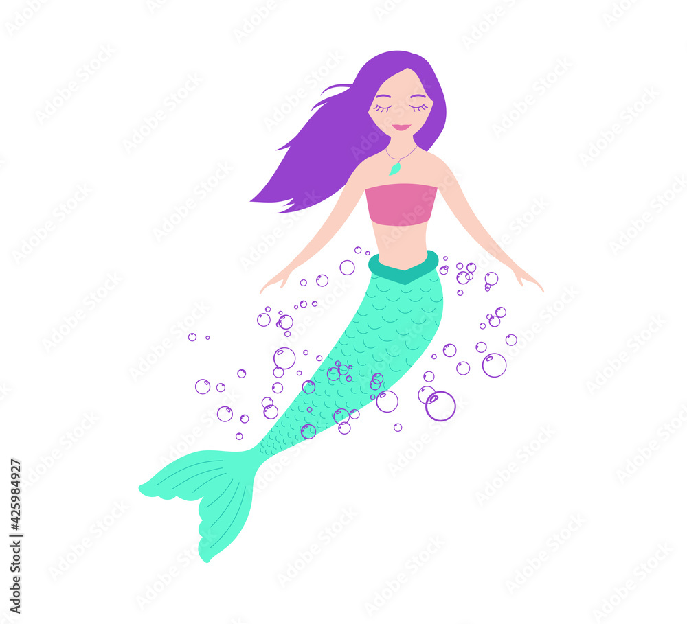 Cute mermaid with purple hair and bubbles.