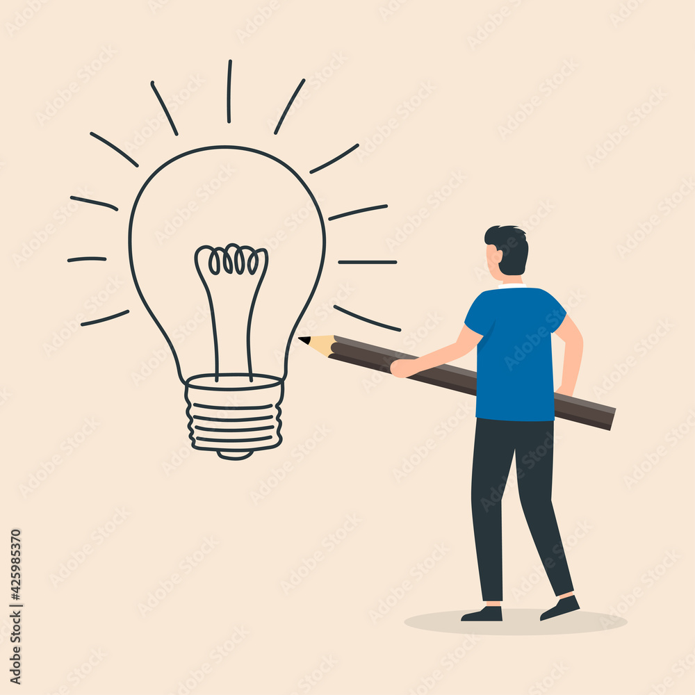 Process of creating an idea. Man use pencil to draw a light bulb.
