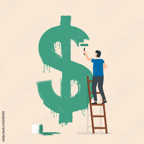 Business man paint dollar sign on wall. Economy and finance success, commerce, money profit.