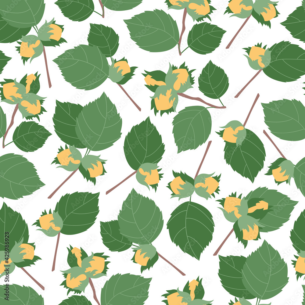 Vector flat design seamless pattern : hazelnuts with green leaves on white. For textile , wallpaper, wrapping paper, notebook cover. Vector flat design seamless pattern : hazelnuts with green leaves on white. For textile , wallpaper, wrapping paper, notebook cover.