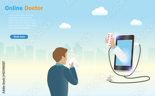 Virtual online doctor consultation. Doctor hand holding medicine penetrating from smartphone screen to sneezing patient man.