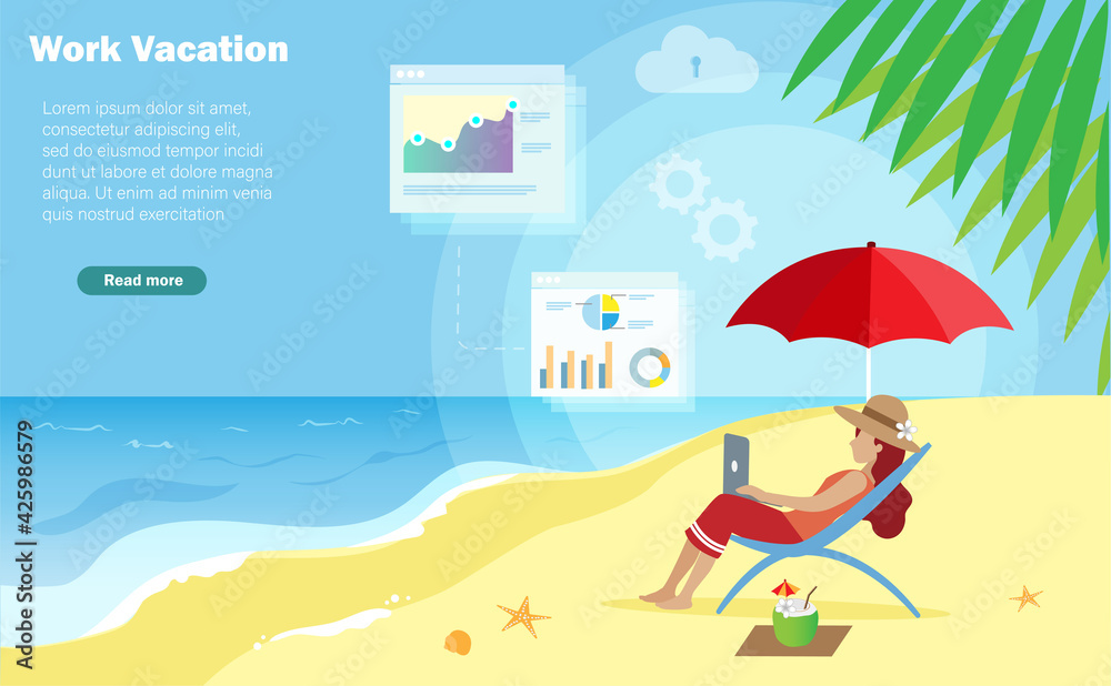 Woman on vacation at beach working on laptop computer analysing business graph and charts. Workation, freelancer and passive income work