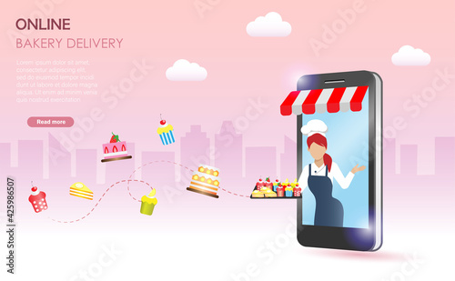 Online food and bakery delivery concept. Woman chef holding cup cakes and bakery tray on smartphone screen with spreading of bakery and cakes.