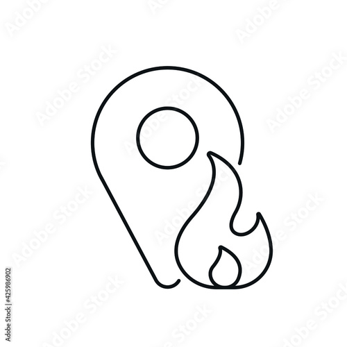 Geolocation of fire linear icon. Firefighters. Rescue service. Thin line customizable illustration. Contour symbol. Vector isolated outline drawing. Editable stroke