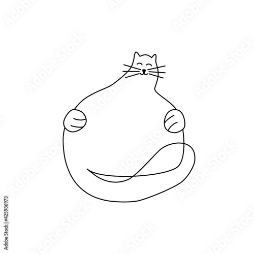 Black and white sketch of a funny fat lazy white cat