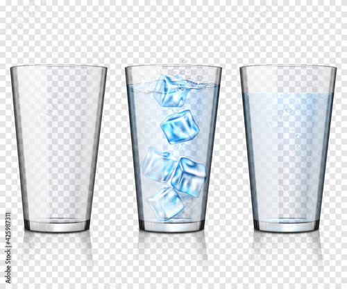 Set of transparent glasses empty and with water and ice, isolated.