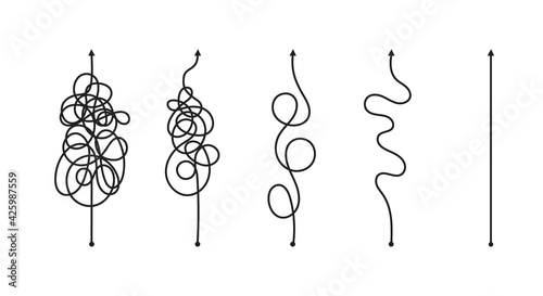 Chaos simplifying, problem solving and business solution searching challenge concept vector illustration set. Complex and easy simple way from start to end. Hand drawn doodle scribble chaos path lines