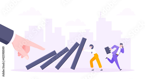 Business resilience or domino effect metaphor vector illustration. Giant hand starts chain reaction of falling domino line and businesswoman trying to stop it. Problem solving stopping chain reaction.