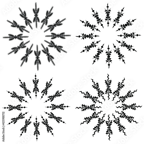 Collection of black silhouettes of snowflakes on a white background. Winter composition. Christmas, New Year.