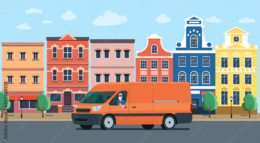 Cargo van with a driver in a medical mask against the background of an abstract cityscape. Vector flat style illustration.