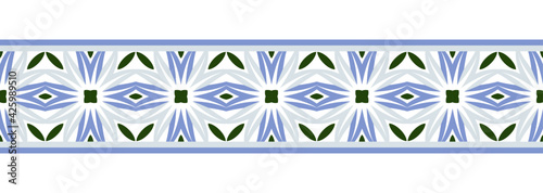 Border line seamless background. Decorative design seamless ornamental mosaic border pattern. Islamic, indian, arabic motifs. Abstract flower. Vector illustration