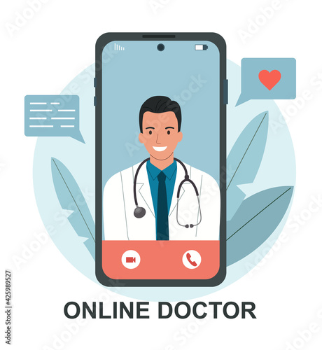 Online doctor man in the smartphone. Vector flat style cartoon  illustration.