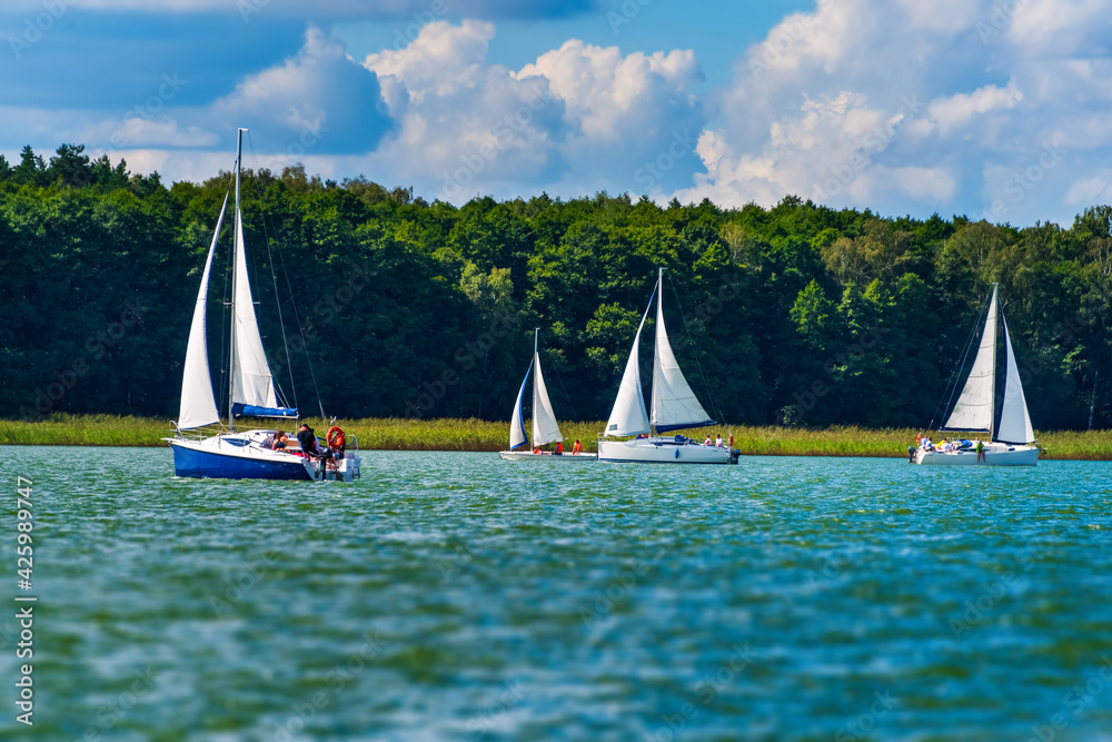 Naklejka premium Yacht sailing on the lake against a blue sky with clouds. Sailboat vacations on a lake.
