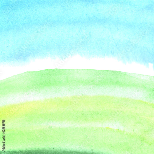 Sunny meadow, the land with green grass and blue sky, abstract summer watercolor background. Stain blot spot blob. Template for postcard, banner, illustration