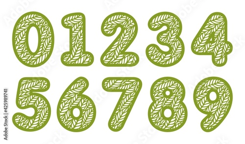 Set of numbers with leaf pattern. Spring or summer font with floral ornaments. Decorative element for eco sign, logo, icon. Green digit on a white background. Flat style. Vector illustration.
